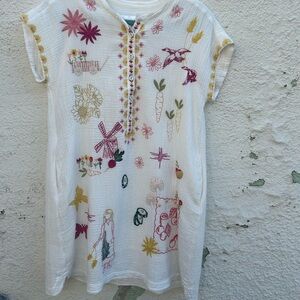 Johnny Was Natural Dress with Red and Gold Embroidery small